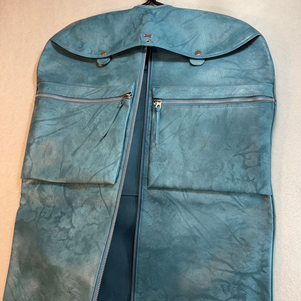 American Tourister Vintage Garment Bag Teal Blue Faux Leather Travel Suit Cover
